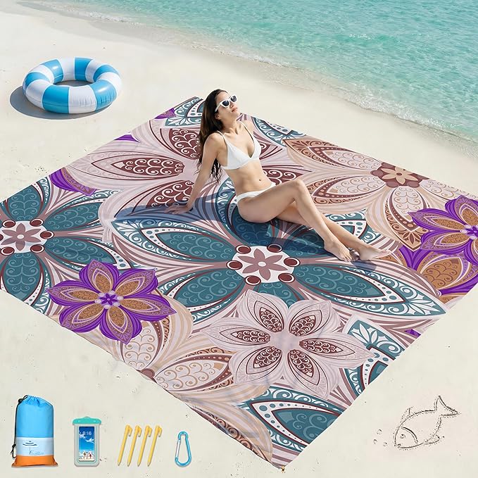 Famstar Beach Blanket Oversized Extra Large 78"X81"/10'X9',Waterproof Sandproof Beach Blanket 2-8 Adults Lightweight Durable for Travel Camping Hiking Picnic