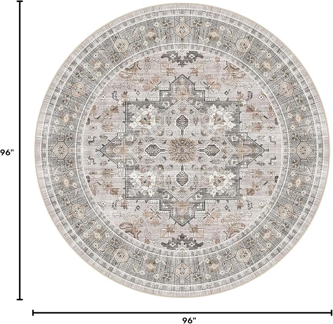 Washable Area Rug-8X8 Vintage Neutral Soft Taupe | Non Slip Thin Foldable Large Floor Carpet for Living Room Bedroom Kitchen Dining Room Home Office Farmhouse Indoor