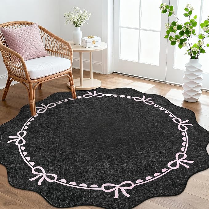 GarveeHome 5ft Round Rugs Washable Scalloped Bow Rug for Bedroom Black Pink | Non Slip Soft Low Pile Ultra-Thin Stain Resistant Indoor Carpet for Living Room Nursery Girls Dorm Decor Kids Room Playroom