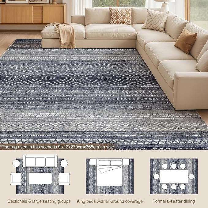 Tortania Area Rug Living Room Rugs- 9x12 Washable Large Soft Neutral Boho Moroccan Bohemian Farmhouse Rug Indoor Floor Carpet for Bedroom Under Dining Table Home Office Decor - Blue Gray