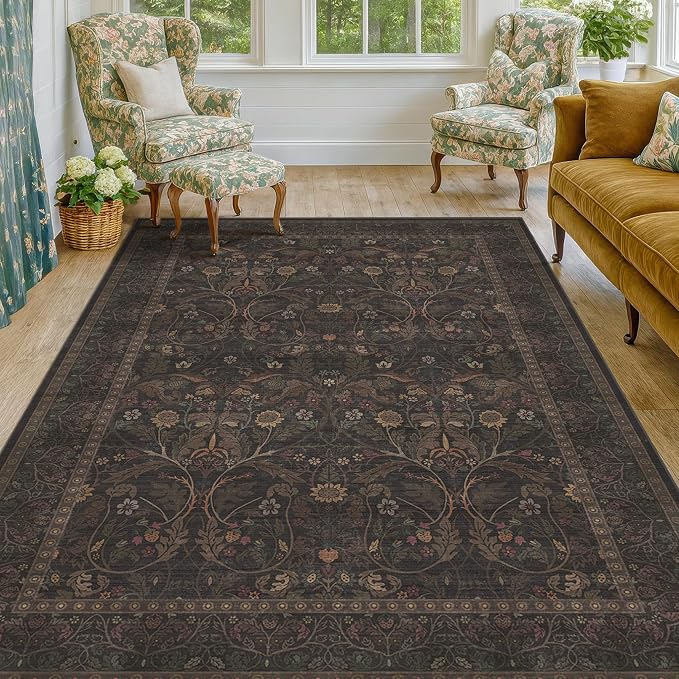 Washable 5x7 Dark Brown Rug for Office Living Room, Low Pile Soft Area Rugs for Bedroom, Traditional Home Décor, Non Slip Floral Woodland Funky Dark Academia Carpet with tan Coffee Accents
