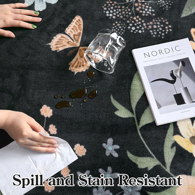 Lahome Floral Entryway Rug, 2x4 Soft Washable Kitchen Rug Ultra-Thin | Non-Slip Door Mat Indoor Entrance Stain Resistant Boho Small Flore Carpet for Bathroom Bedroom (2x4ft, Black/Grey)