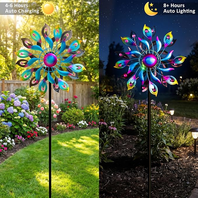 Solar Wind Spinner Outdoor Kinetic Garden Decor with LED Light Ball | Colorful Metal Wind Spinner Creates Stunning Yard Art With Rotating Petals, Perfect For Patio, Lawn, Pathway And Backyard