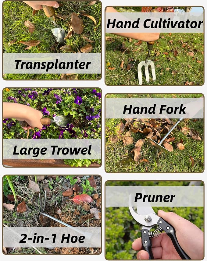 Garden Tool Set, 6PCS Heavy Duty Stainless Steel Gardening Hand Tools with Ropes, Includes Hand Cultivator Shovel Trowel Transplanter 2-in-1 Hoe Pruner, Ideal Gardening Gifts for Women Men (Classic)