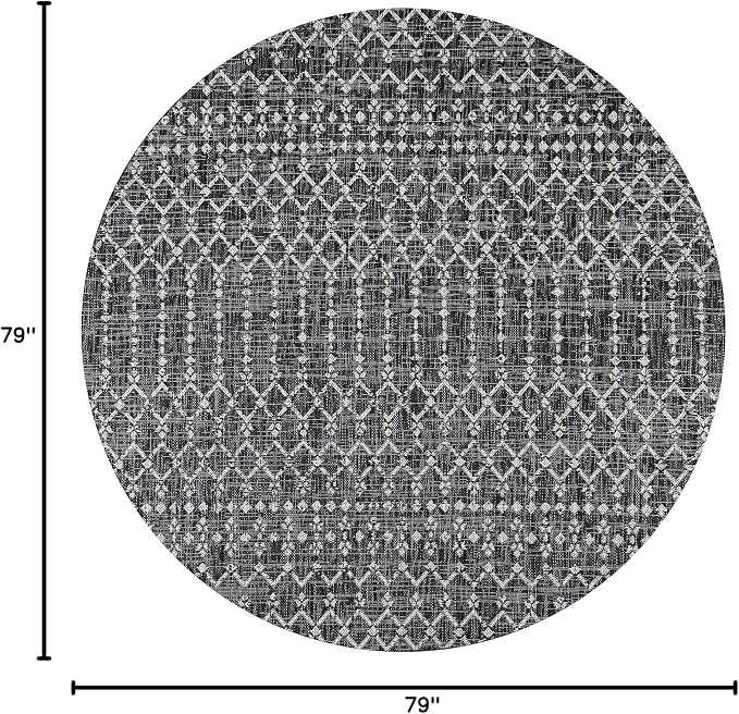 JONATHAN Y Moroccan Geometric Indoor Outdoor Round Area Rug 6 Ft Black/Gray, Ourika Textured Weave for Backyard, Patio, Porch, Easy-Cleaning, High Traffic, Pet-Friendly, Non-Shedding (SMB108F-6R)