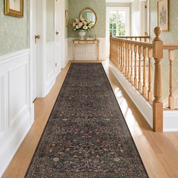 Washable 10ft Long Runners for Hallways, Dark Brown 2'6"x10' Wide Kitchen Runner Rug, Entryway Indoor Rug, Non Slip Rubber Backing Boho Vintage Floor Décor