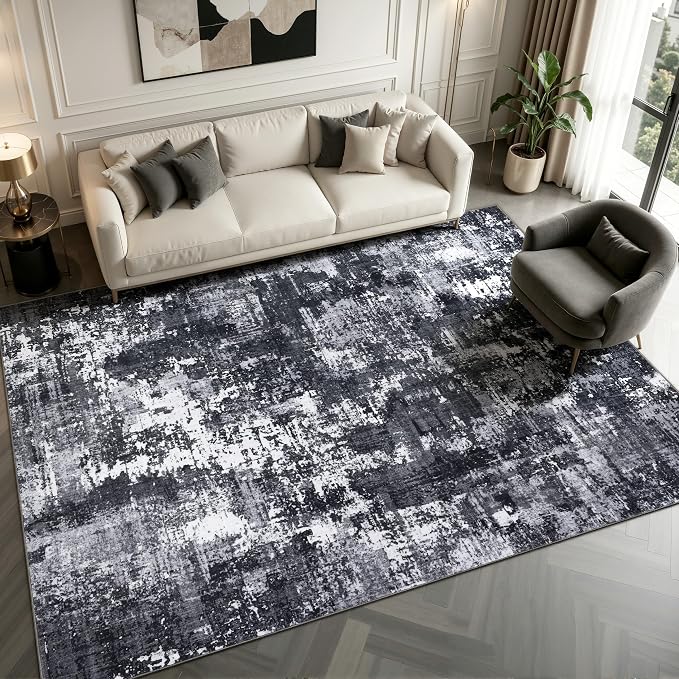 Sasttie 10x14 Washable Area Rug, Modern Abstract Large Carpet, Black & White