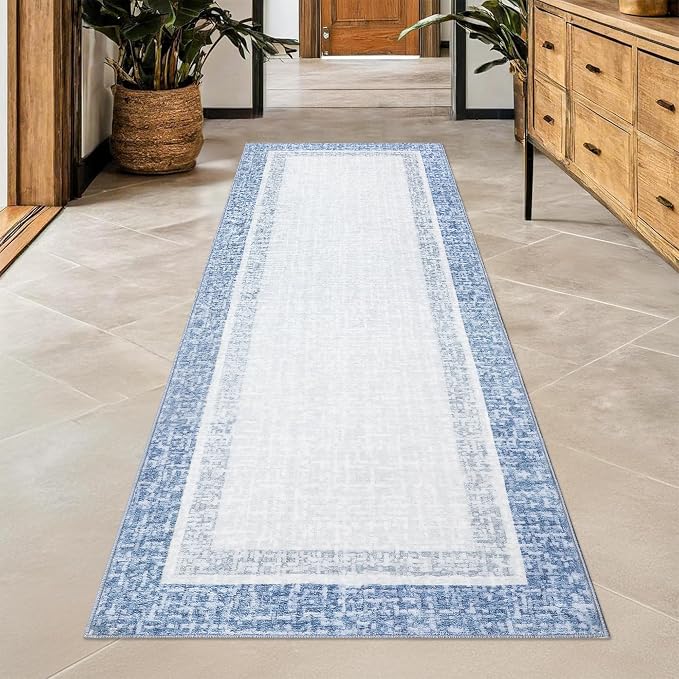 GAOMON Area Rugs 2x6 Modern Runner Rug Washable Bordered Entryway Runners Soft Faux Wool Carpet Contemporary Neutral Non-Slip Long Rug Runner Indoor Accent Hallway Kitchen Runners for Bedroom Blue