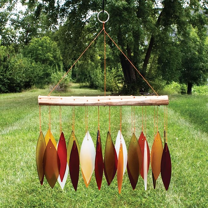Blue Handworks Fall Leaves Glass & Driftwood Chime, Sandblasted Glass and Found Wood Handcrafted Wind Chime | Sandblasted Glass and Found Wood Handcrafted Wind Chime