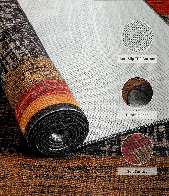 Brown Geometric Woody Runner Rug 2x6,Vintage Bedroom Rug,Retro Farmhouse Rugs Washable for Hallway Non Slip, Boho Area Rug for Kitchen,Dining Room,Living Room,Bedroom