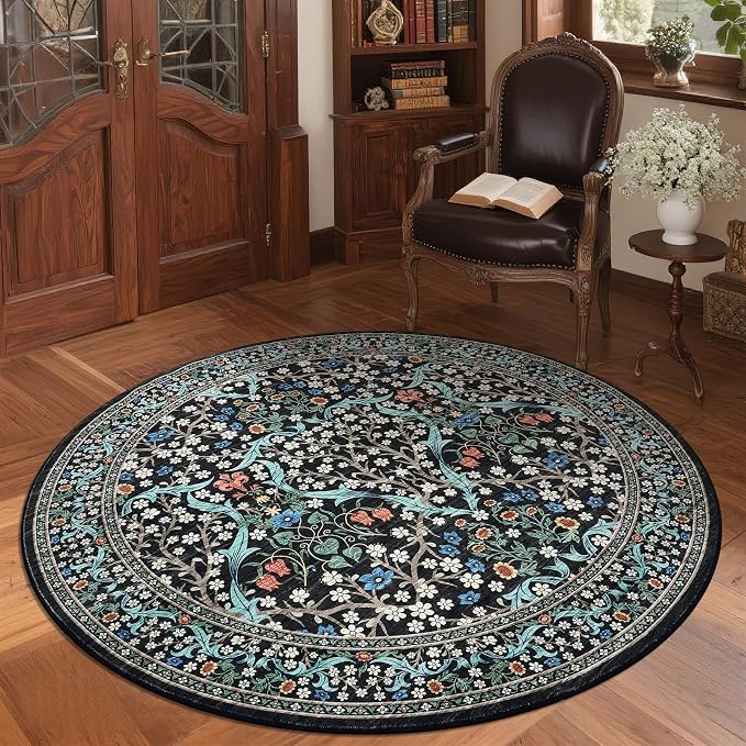 GarveeHome Black Floral 4 ft Round Rug Washable Non-Slip Soft Low Pile Small Circle Carpet Vintage Rugs for Kitchen Bedroom Nursery Dining Living Room