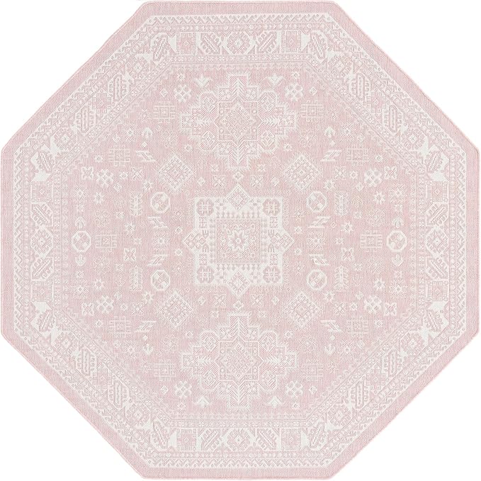 Unique Loom Outdoor Aztec Collection Area Rug - Chalca (7' 10" Octagon, Pink/ Ivory)