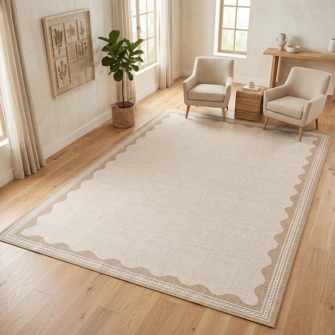 Garvee Washable Rug 4x6 Living Room Rug Modern Bordered Accent Rugs Beige | Ultra Soft Non Slip Lightweight Floor Mat Low Pile Stain-Resistant Foldable Carpet for Living Room Bedroom Nursery Dorm