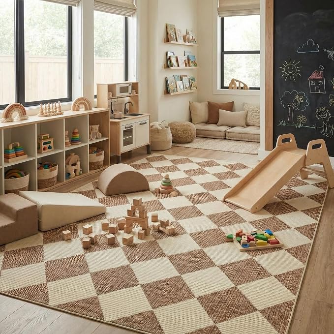 GarveeHome Brown Area Rugs 8x10 Modern Living Room Checkered Washable Rug | Large Soft Non Slip Backing Floor Mat Carpet Indoor Thin Rug for Bedroom Dining Room Playroom Nursery Home Decor