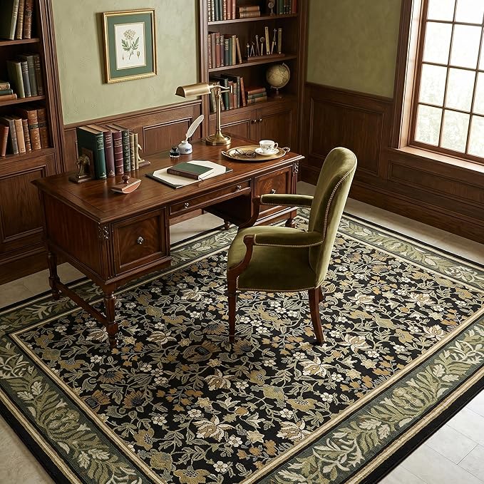 GarveeHome 8x10 Area Rugs for Living Room: Washable Bedroom Rug Green Black | Boho Vintage Non Slip Soft Low Pile Stain Resistant Indoor Carpet for Farmhouse Dining Room Nursery Home Office