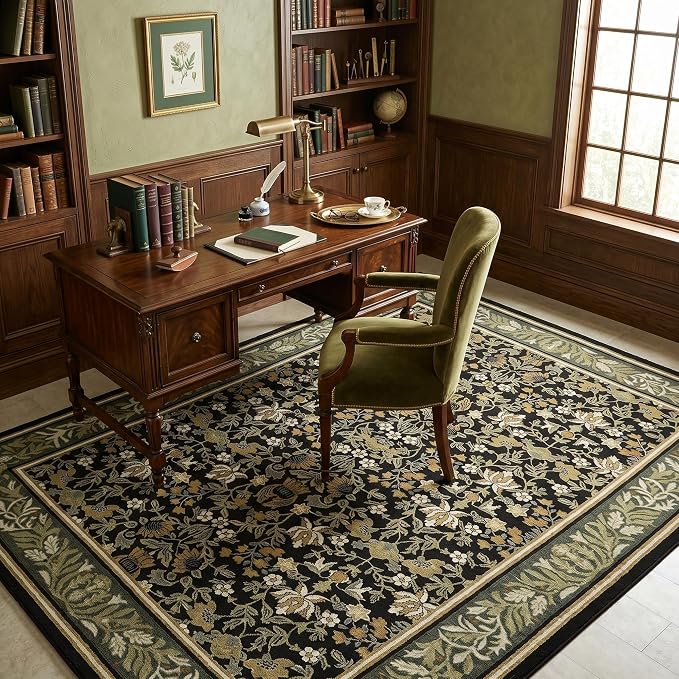 GarveeHome 5x7 Area Rugs for Living Room: Washable Bedroom Rug Green Black | Boho Vintage Non Slip Soft Low Pile Stain Resistant Indoor Carpet for Farmhouse Dining Room Nursery Home Office