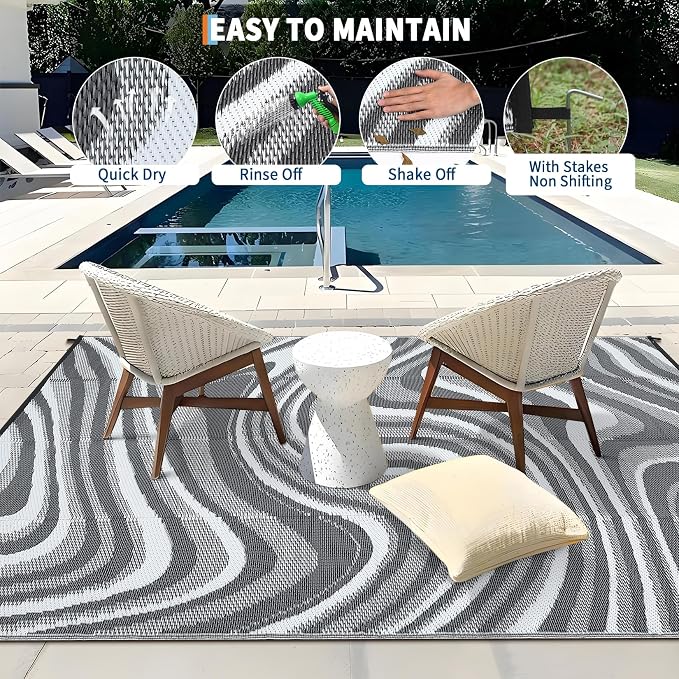 Garvee 5x8 Outdoor Rug Waterproof Modern Plastic Straw Rugs, Camping Rugs for Outside Your RV, Abstract Reversible UV Resistant Rug with Portable Bag for Backyard, Deck, Camper, Black Grey