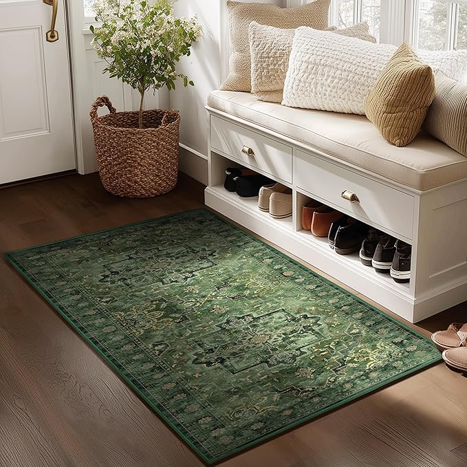 Dark Green 3x4 Rugs for Entryway Indoor, Distressed Medallion Door Mat Indoor Entrance, Washable Non Slip Low Pile Thin Small Carpet Rug for Kitchen/Bedroom/Bathroom/Laundry Room