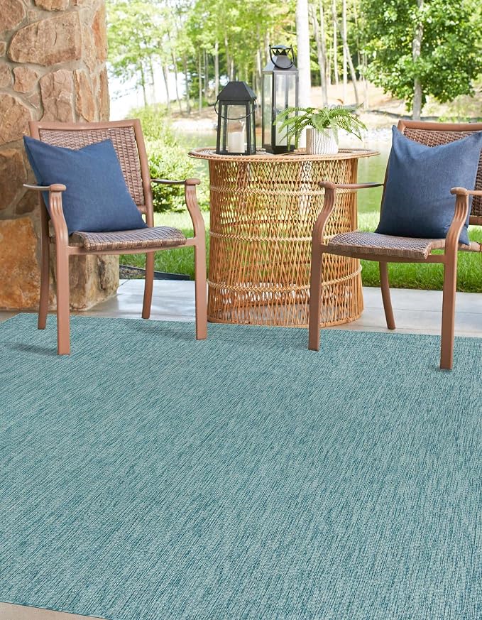 Unique Loom Collection Casual Transitional Solid Heathered Indoor/Outdoor Flatweave Area Rug (10' 8" Square, Aquamarine/Ivory)