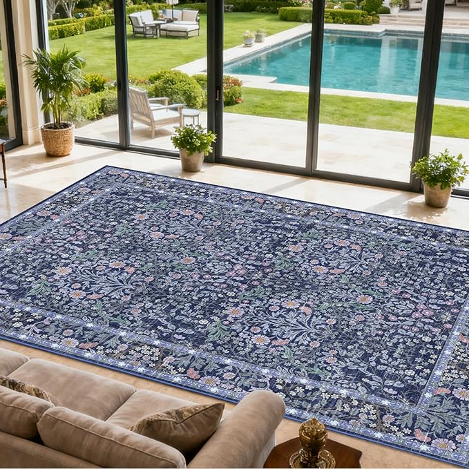 Area Rug for Living Room, 10x12 Large Washable Rugs for Dining Room, Bedroom, Non Slip Stain Resistant Carpet, Low Pile Vintage Floral Rug (Blue)