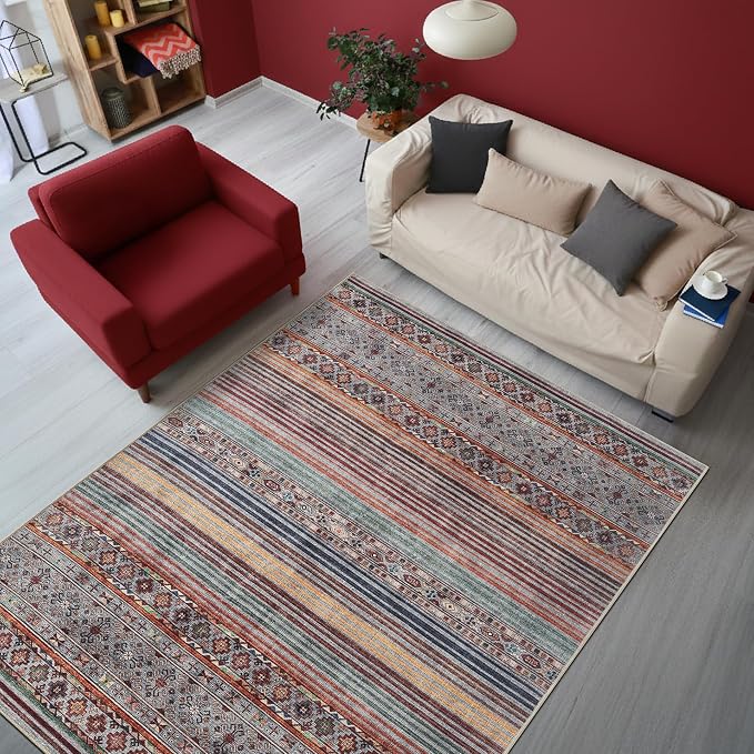 Keen Home Design Vintage Washable Area Rug, Non-Slip Low Pile, 5x7 | Machine Washable Cotton Chenille, 0.25In Low Pile, Rubber Non-Slip Back; Living Room, Bedroom, Dining Room, Office