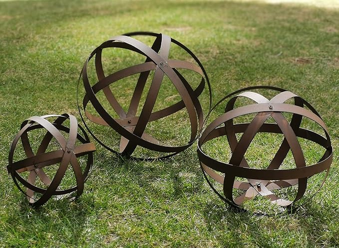 BSTGIFTS Metal Garden Spheres, Metal Band Decorative Spheres, Metal Folding Orb Garden Ball, Sets of 3