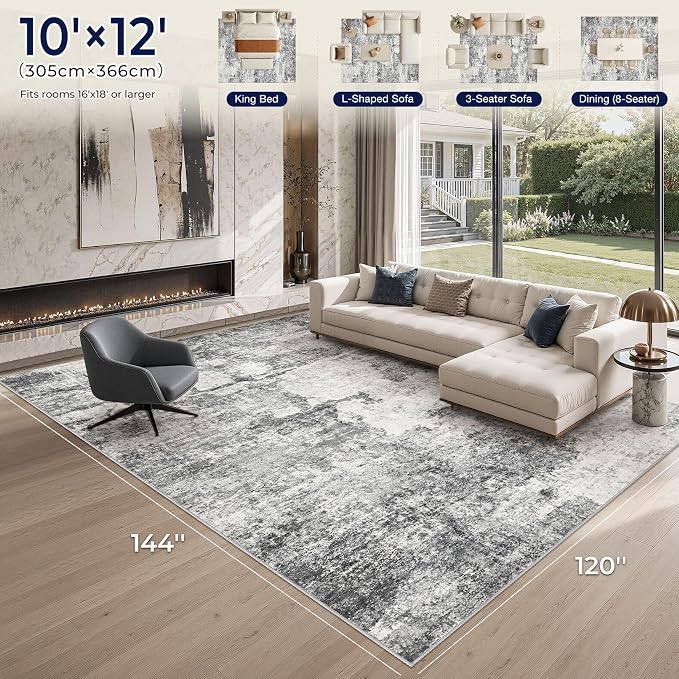 DMOYEST 10x12 Area Rug for Living Room Washable Abstract Indoor Carpet | Neutral Modern Low Pile Rugs Kid & Pet Friendly Large Soft Thin Carpet for Bedroom Dining Room - Grey