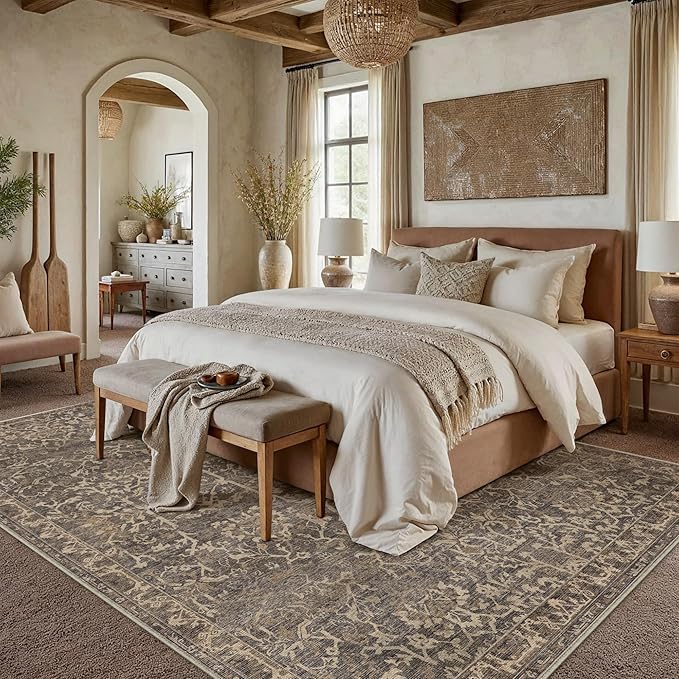 8x10 Brown Vintage Floral Washable Area Rug for Living Room | Low Pile, Non Slip, Retro Style, Soft Distressed Indoor Rug for Bedroom, Dining Room, Kitchen, Entrance, Home Decor