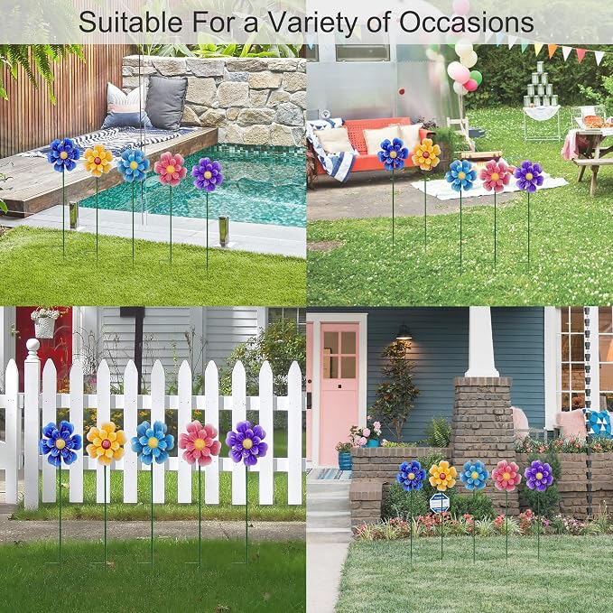 Metal Flower Wind Spinner Lawn Stakes Yard Art, Garden Iron Handicrafts | WEIBEFEE; 5 Pieces;Lawn Ornaments; 27 Inch Windmill Outdoor; Fade-resistant; Great gift choice; Decoration Gift