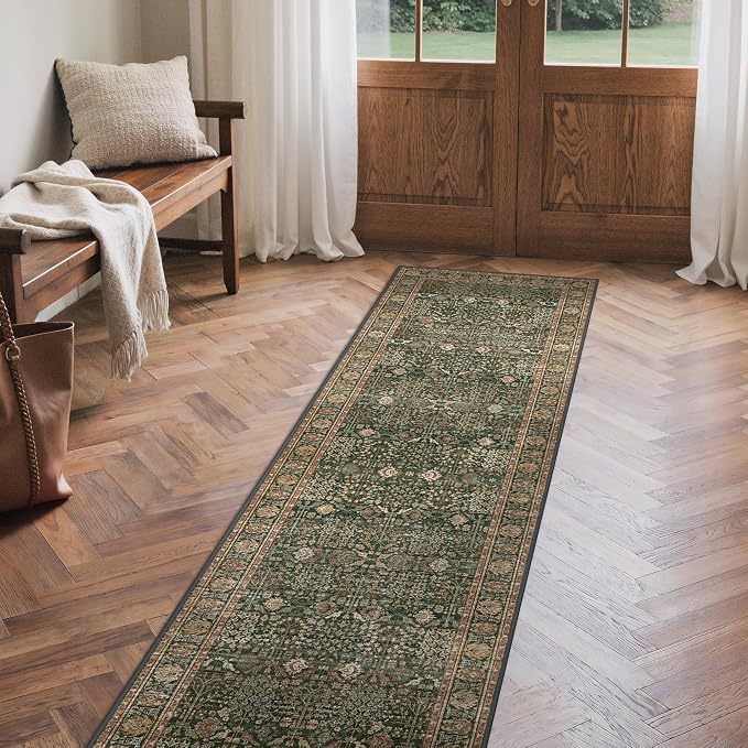 2x10 Kitchen Runner Rug, Washable Non Slip, Dark Green Brown | Vintage Floral Design, Spill Resistant Lightweight Low Pile Carpet for Hallway, Bedroom, Laundry Room, Bathroom