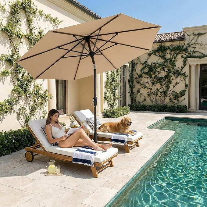 Kingdura 10FT Outdoor Patio Umbrella, Round Market Table Umbrella with Push‑Button Tilt and Crank Lift, 8 Sturdy Metal Ribs, UV50+ Protection Canopy for Backyard, Lawn, Deck, Poolside, Garden (Beige)