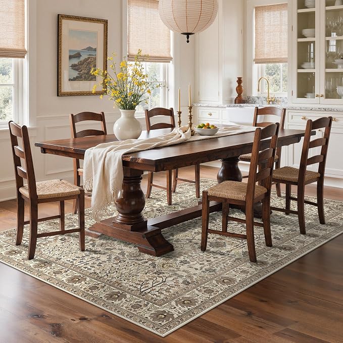 6x9 Washable Area Rug for Living Room, Dark Espresso | Vintage Distressed Floral, Spill Resistant, Lightweight Low Pile Non-Shedding Carpet for Bedroom, Dining Room and Office