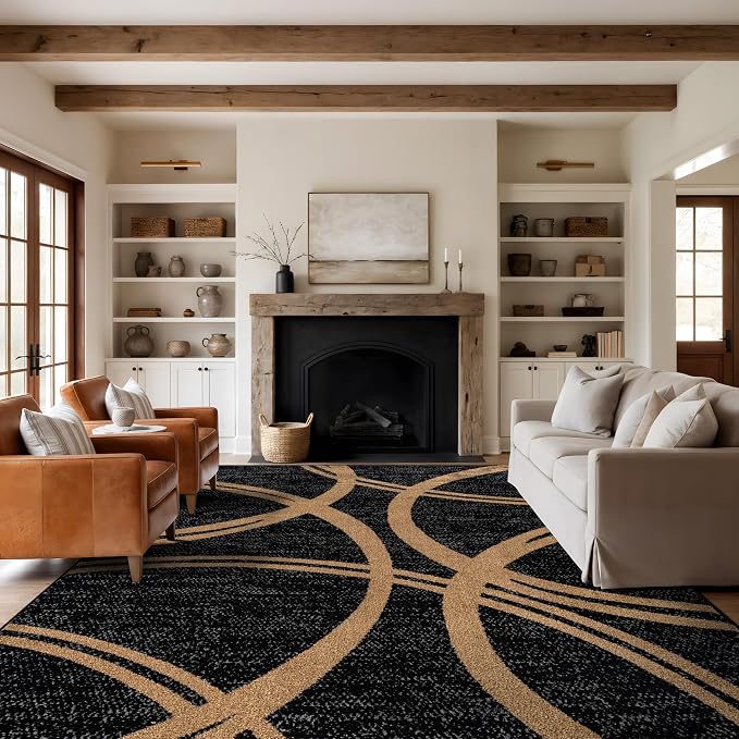 Rugshop Wavy Circles Modern Non-Shedding Area Rug Camel 7'10" x 10'2" | Rectangular, Size 7'10" x 10'2", Living Room, Bedroom, Dining Room, Home Office, Kitchen, Entryway, Hallway, Nursery, Bedside
