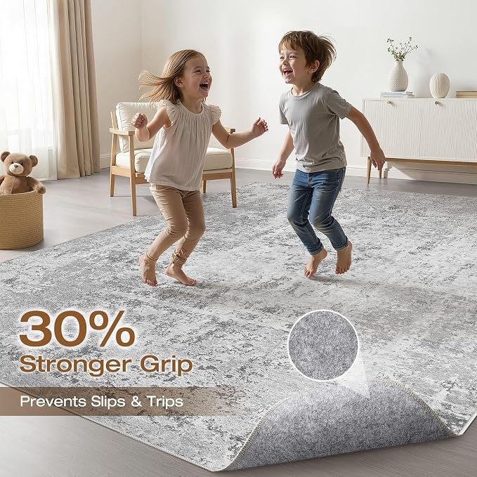 LOONGRUG 6x9 Area Rug Washable Neutral Modern Living Room Rug Light Gray | Abstract Soft Stain Resistant Indoor Non-Slip Carpet for Bedroom Nursery Kids Office Playroom Dining Room