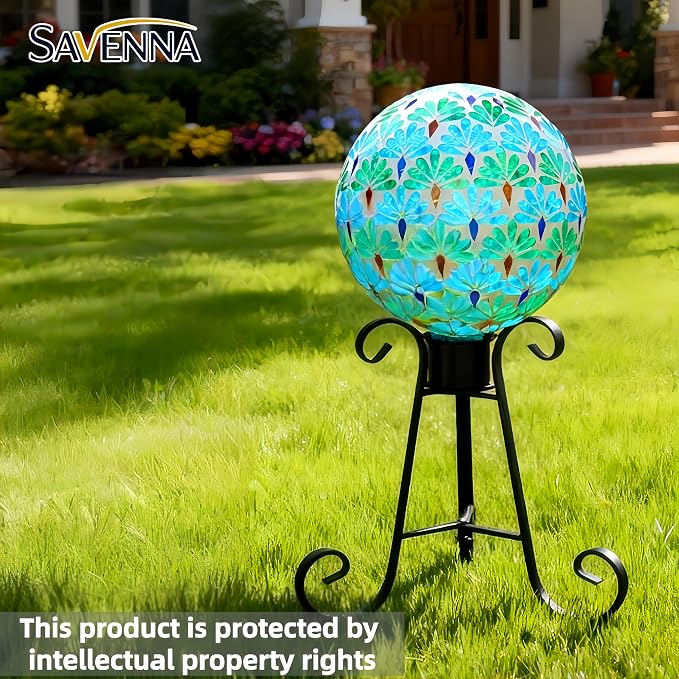SAVENNA Mosaic Garden Gazing Ball 10 Inch, Glass Decorative Sphere for Indoor & Outdoor Garden, Patio, Home & Yard, Blue & Green Leaf Pattern