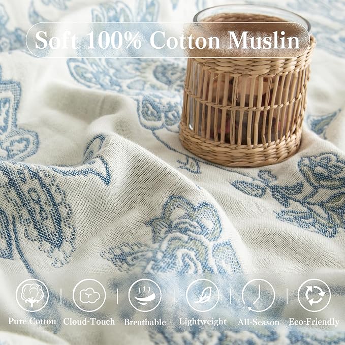 Phuryllic Boho Throw Blanket Full Size, Extra Large Soft Cozy Cotton Muslin Quilt Blanket for Bed Decor, Floral Patterned Couch Sofa Chair Cover, Vintage Farmhouse Cottage Woven Blanket, Blue&White