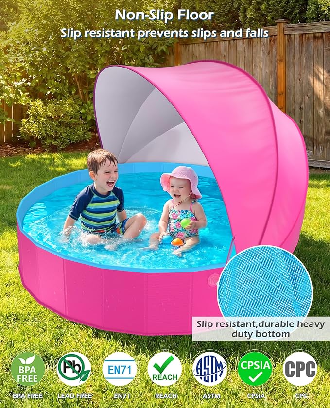 Jasonwell Kiddie Baby Pool with Canopy - Foldable Infant Toddler Kids Pool with Shade Baby Beach Essentials Tent Swimming Wading Pools for Toddlers 1-3 + Kids Dogs Ball Pit Backyard Water Play R, 48"