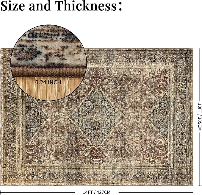 Washable 10x14 Area Rug: Vintage Brown Rugs for Living Room Bedroom Dining Room Office Indoor - Soft Non-Slip Large Carpet Home Decor - Oriental Dark Brown
