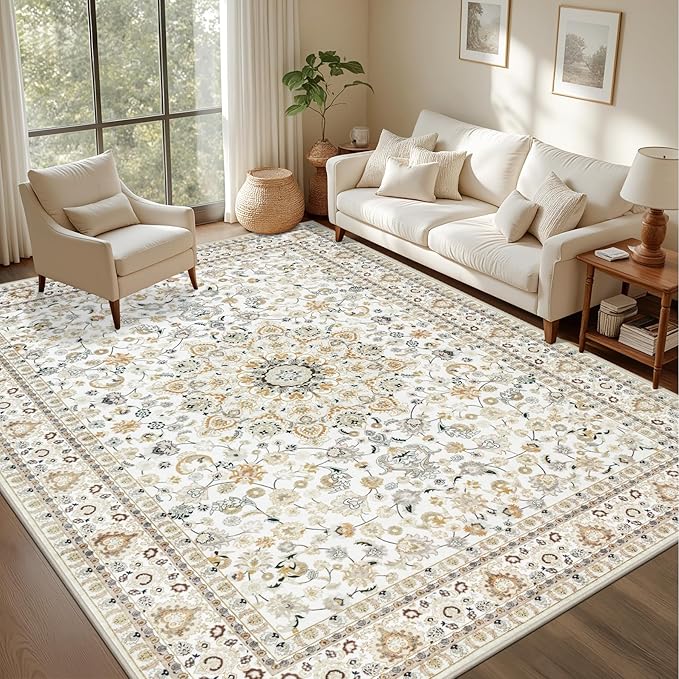 4x6 Area Rugs Living Room: Washable Vintage Rug for Bedroom Beige | Boho No Slip Stain Resistant Rug Soft Indoor Decor Floor Floral 4x6 Area Rugs for Dining Room, Nursery, Hallway, Home Office