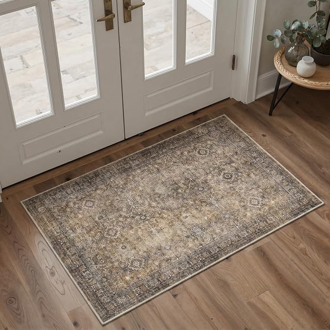 2X5 Washable Hallway Runner Rug, Boho Vintage Floral Non Slip | Dusty Taupe Floral Runner, Soft Faux Wool Rug for Corridor Kitchen Entryway, Stain Resistant, Pet-Friendly, Non-Shedding
