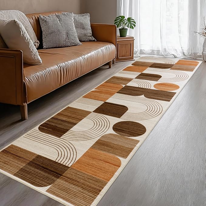 Soft Modern Geometric Abstract Machine Washable 2.7x8 Runner Rug | Orange Rugs for Bedroom Living Room, Non-Shedding Faux Wool Indoor Throw Floor Carpet for Office Entryway Dining Room Decor