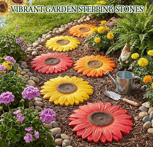 Landical 6 Pack Decorative Stepping Stones for Garden 10 Inch Cement Flower Stepping Stones Decoration for Patio Walkway Yard Outdoor(Sunflower)