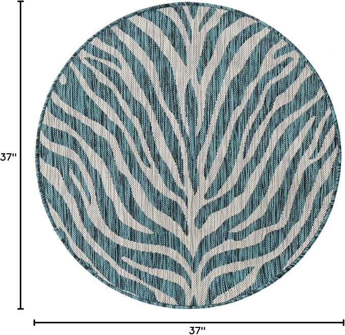 Unique Loom Outdoor Safari Collection Area Rug - Tsavo (3' 1" Round, Teal/ Ivory)