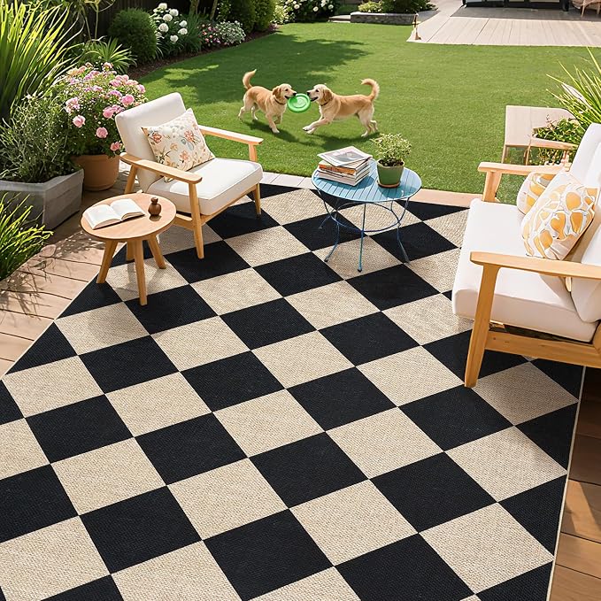 GarveeHome Checkered Easy Jute 3x5 Entryway Rug Machine Washable | Outdoor Patio Rug Non-Slip Backing Checkerboard Black Indoor Outdoor Carpet for Hallway Bathroom Kitchen Bedroom