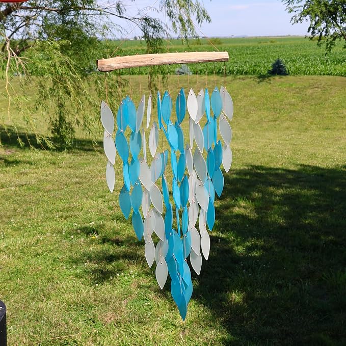 Blue Handworks Blue Deluxe Waterfall Glass Wind Chime | Handcrafted Deluxe Waterfall Glass Wind Chime in Bright Blue and Frosted White