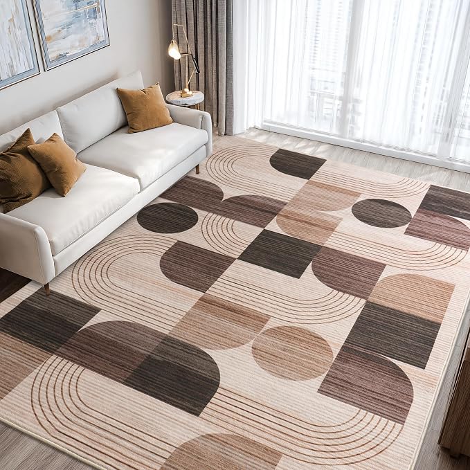 Soft Modern Geometric Abstract Machine Washable Large 8x10 Area Rug | Brown Rugs for Bedroom Living Room, Non-Shedding Faux Wool Indoor Throw Floor Carpet for Office Entryway Dining Room Decor