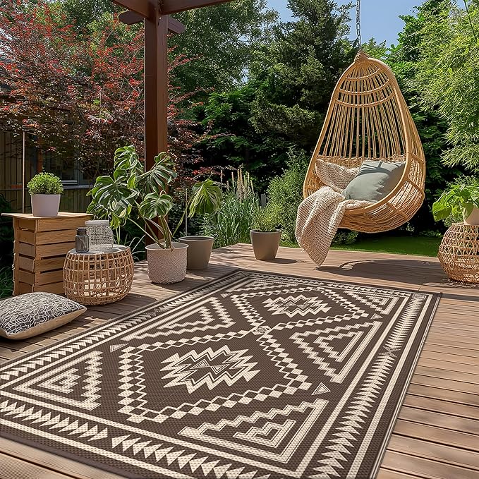 GENIMO Outdoor Rug for Patio Clearance - 8x10 ft Waterproof Plastic Camping Rugs, Reversible Outside Rv Mat Carpet for Porch, Deck, Picnic, Balcony, Beach, Backyard, Coffee Beige