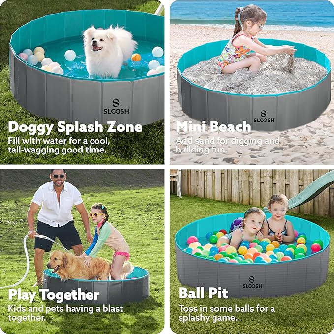 SLOOSH Foldable Dog Kiddie Pool - Portable Hard Plastic Doggie Swimming Pool, Anti-Slip Collapsible Pets Bath Tub Suitable for Kids Indoor Outdoor Backyard Use (Grey, 48" x 12")