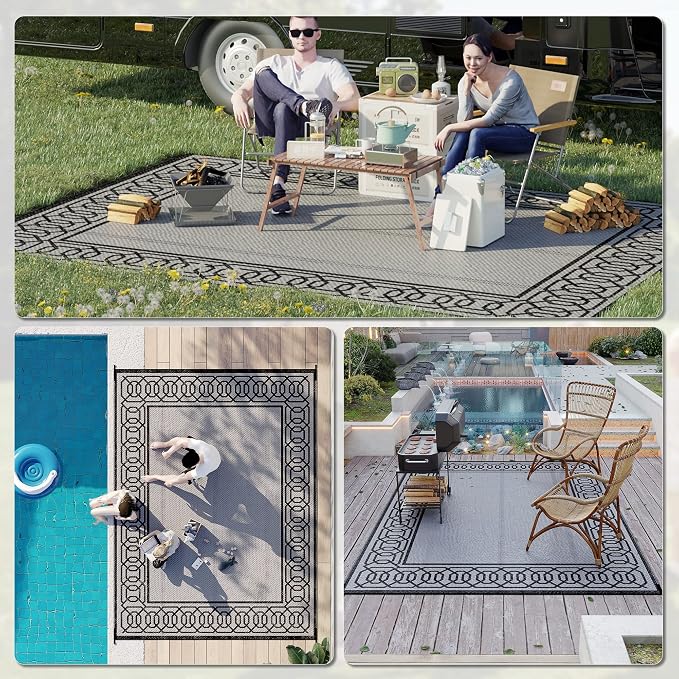 Outsunny Outdoor Rug for Patio, 9' x 12' Waterproof Large Mat, Reversible Plastic Straw Rug for Decor, Portable Outside RV Camping Area Carpet Mat for Backyard Porch Deck Picnic, Black & Gray Border