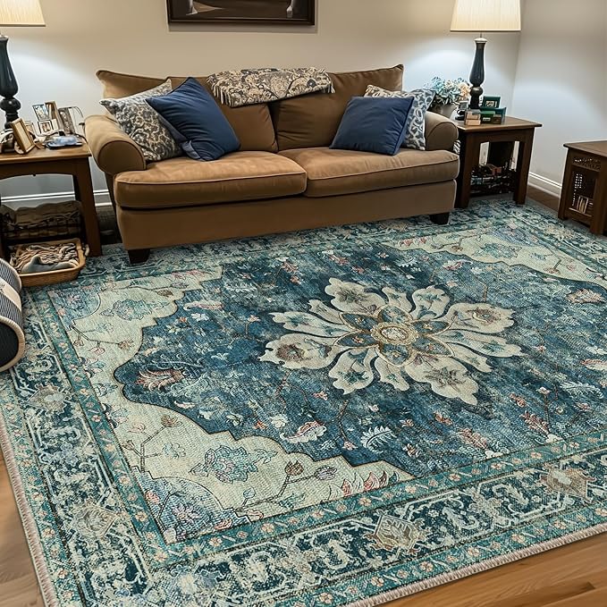 RELEANY Washable Area Rug, 6'x9', Blue/Vintage Dark Blue | Non-Slip, Water Repellent, Pet Friendly, Easy to Clean, Vintage Floral Boho Decor for Living Room Bedroom Dining Room Office
